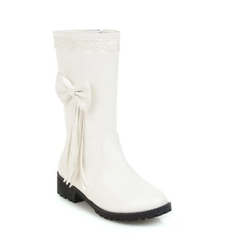 

2021 Winter Butterfly-knot Women Mid Calf Boots Round Toe Ruffles Square Low Heels Riding Boots Female Shoes Thigh High Boots