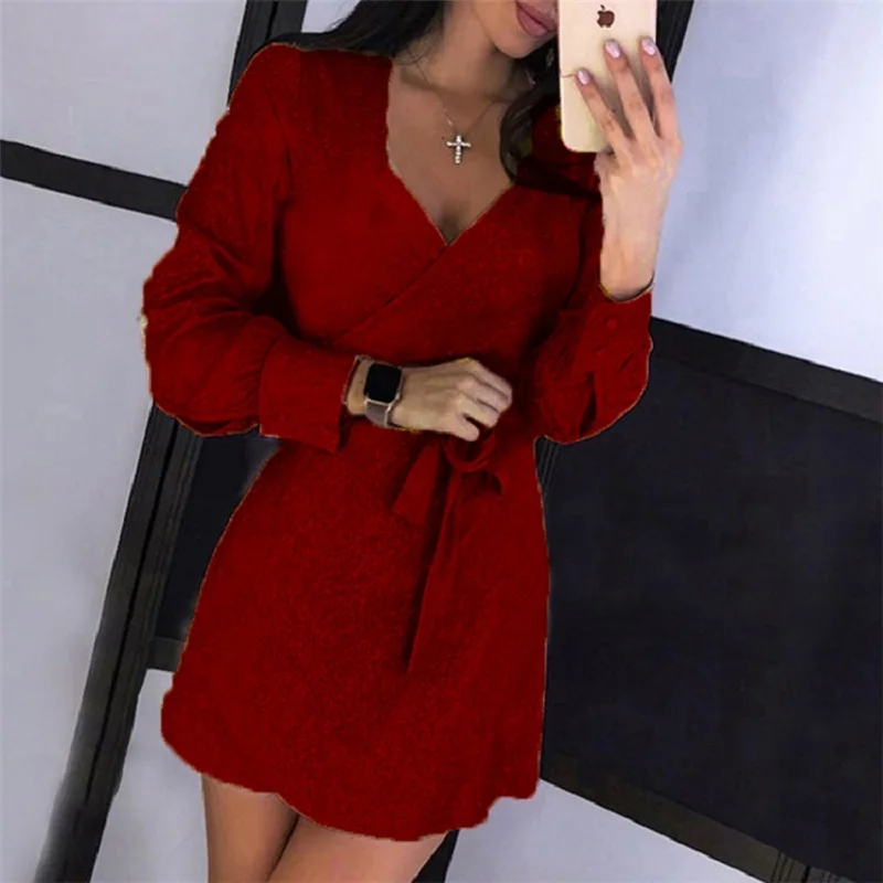 2XL сексуальные блестящие платья с глубоким v-образным вырезом для женщин осенние вечерние платья с длинным рукавом и поясом яркое шелковое блестящее облегающее платье