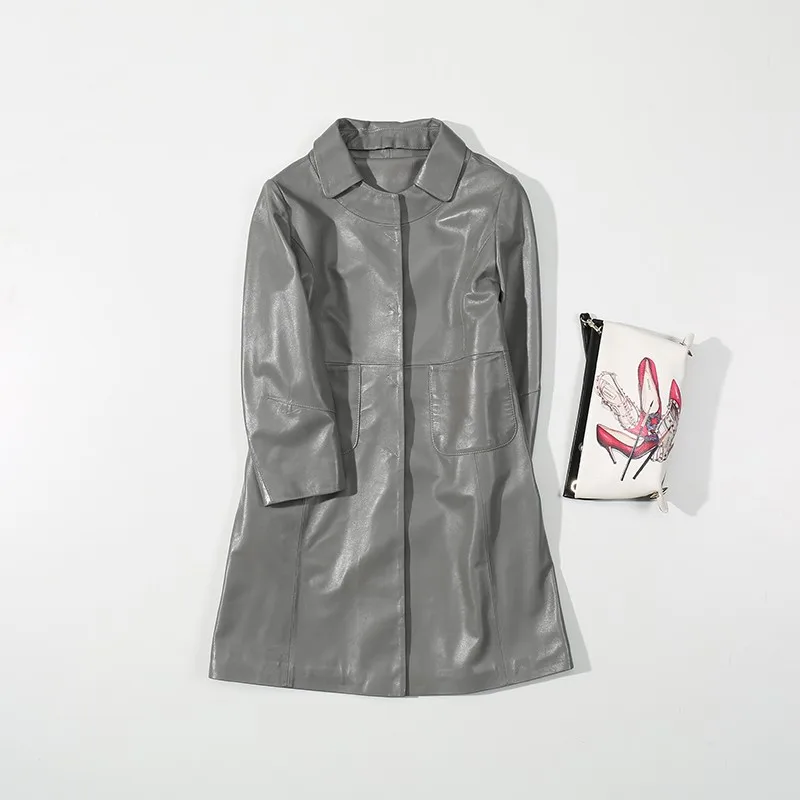 

New Arrival 2021 Women Coat Genuine Leather Windbreaker Black Red Lapel Fashion Design Sheepskin Ladies Long Trench Coat Autumn