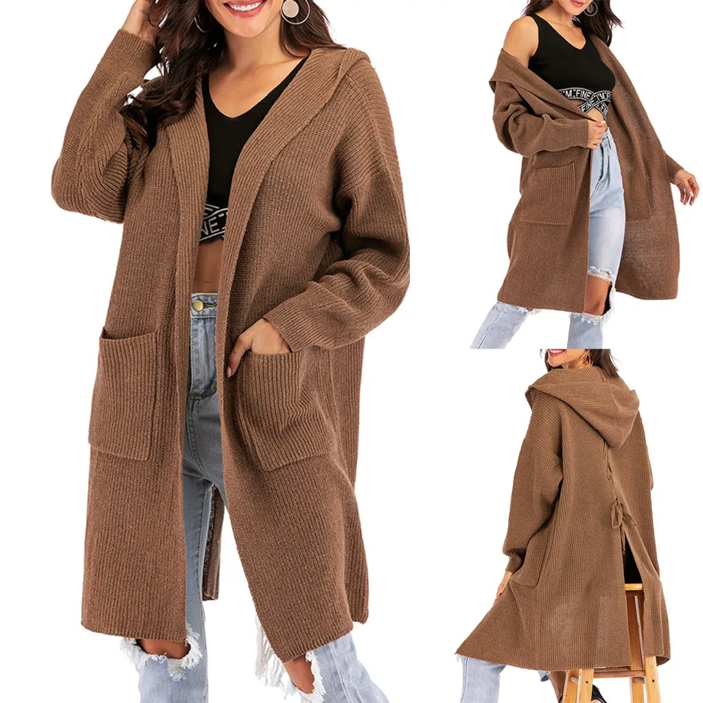 

Vogue Women's Solid Color Hooded Long Sweaters Autumn Winter Nice Fashionable Back Strap Cardigans Casual Loose Sweaters