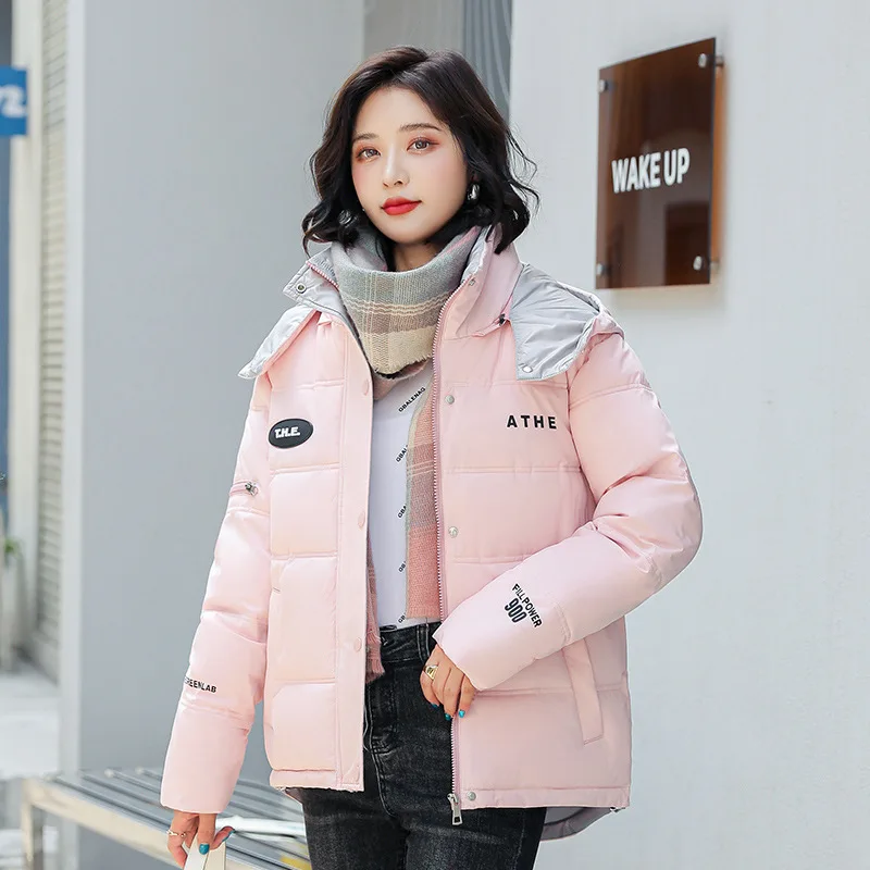 Bright Leather Jacket Women Winter 2022 New Tthick Korean Fashion Hooded Big Ppockets Sshort Loose Bread Jacket Women
