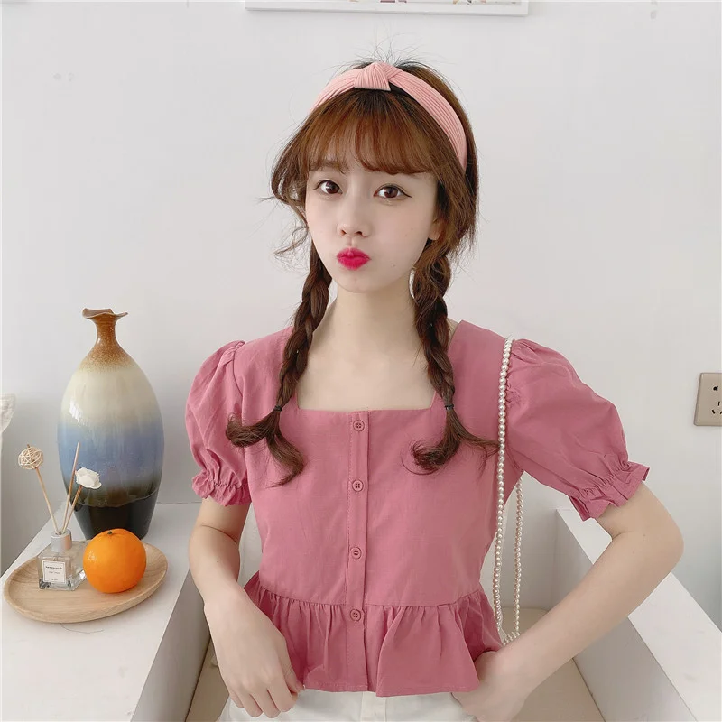 

Womens Blouses Short Sleeve Square Collar Ruffles Summer Single Breasted Sweet Students Korean Shirts Tops Female
