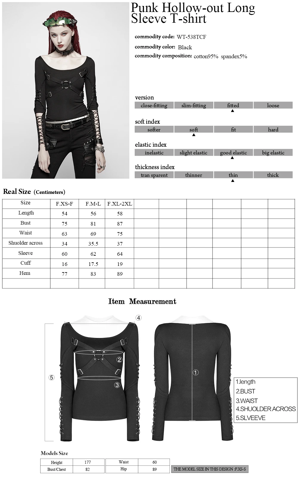 

PUNK RAVE Women Punk Rock Hollow-out Long Sleeve T-shirt Hollow-out Stretch-knit Streetwear Personality Tees Cool Girl Tops