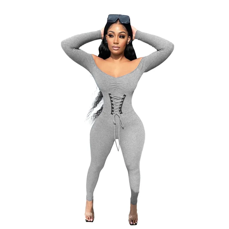 

92K20Q10022 Autumn fashion women's tight new sexy one-piece pants with shoulder closed waist and hip raised bodysuit women