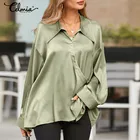 Celmia Женская атласная блузка 2022, модные элегантные офисные рубашки с длинным рукавом, однотонные повседневные офисные шелковые топы на пуговицах с лацканами