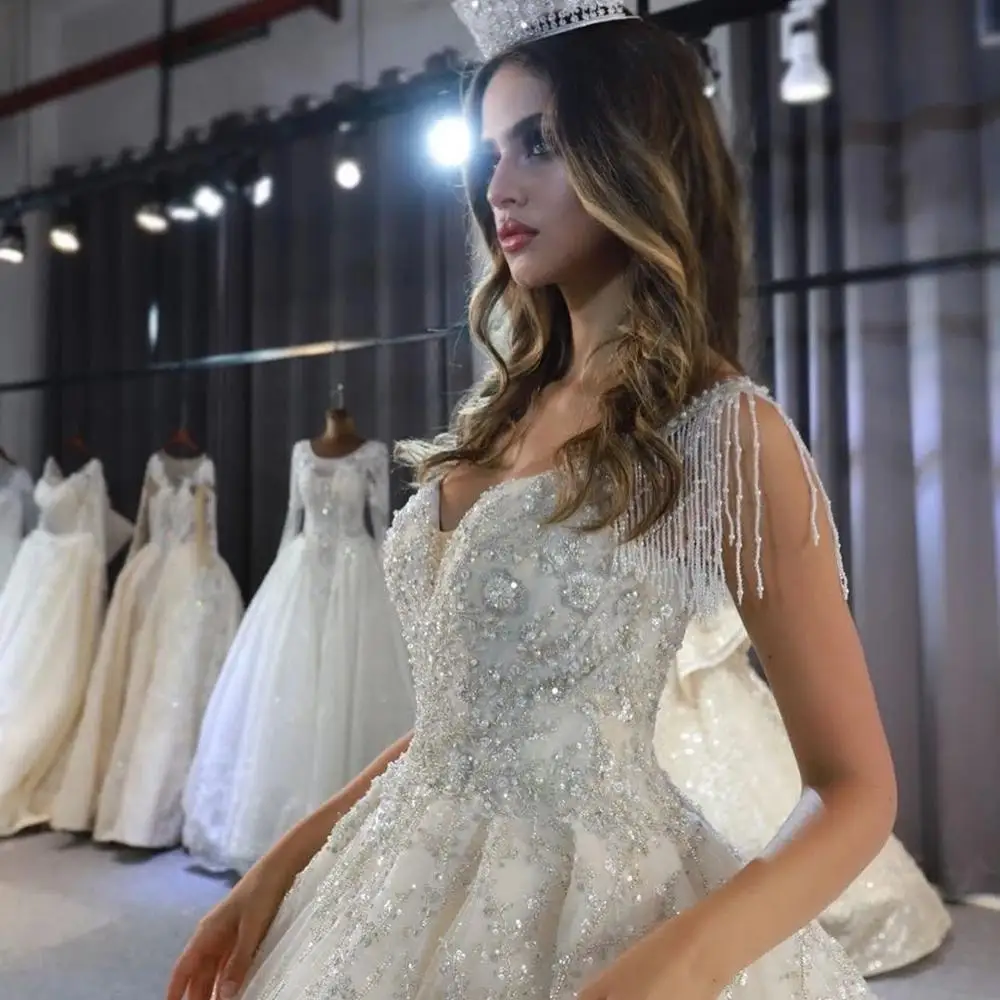 2020 Дубай блестящие бусины Кристалл Кружева Свадебные платья бальное платье с