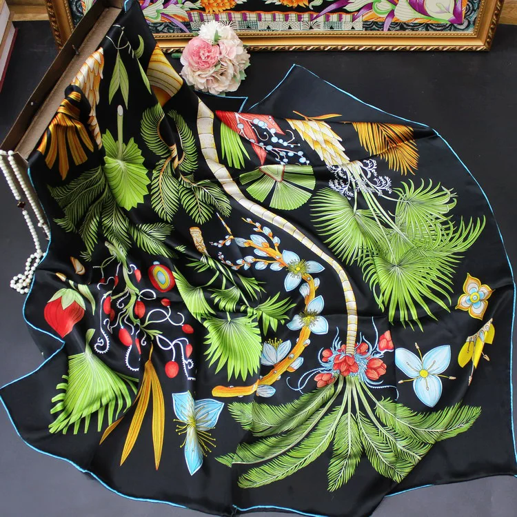 

KMS Classic Palm Tree twill silk square scarf shawl mulberry-silk scarf shawl for Girl Lady Women 110*110cm/60g