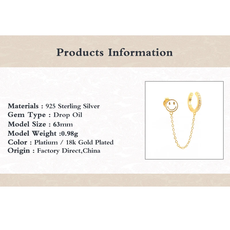 

CANNER Stud Earrings for Women Girls Fashion Smiley Face Inlaid CZ Zircon Chain Ear Clip Studs Ear rings Cartoon Enamel Piercing