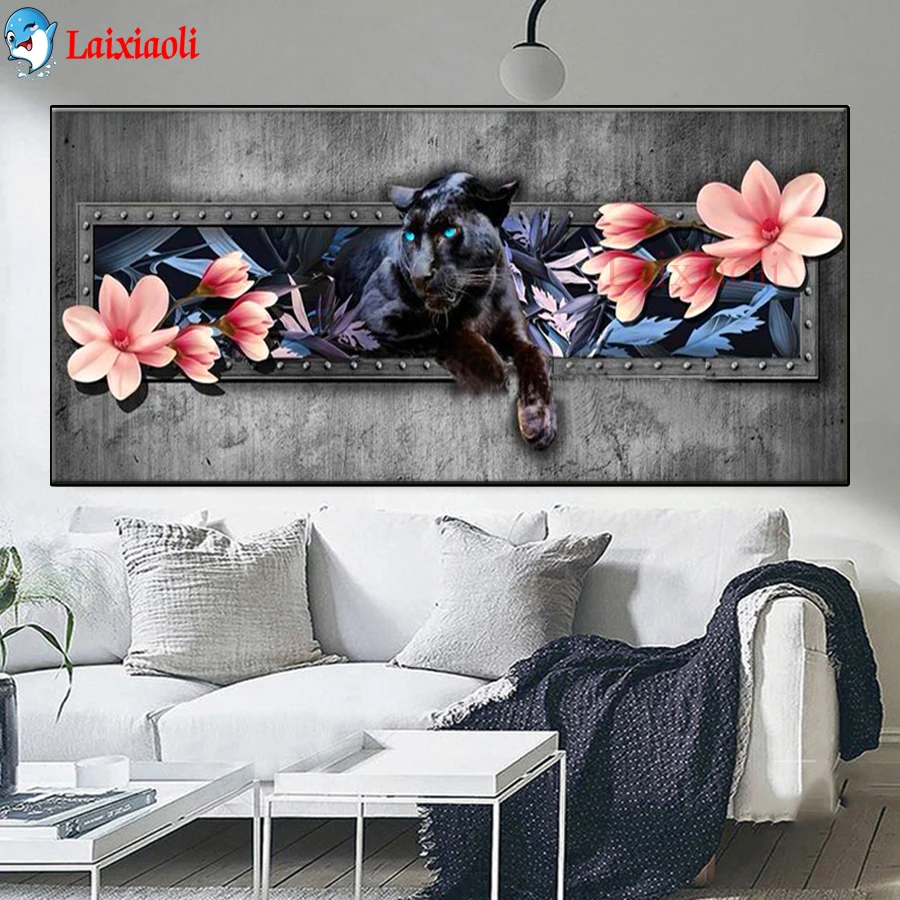 

Large DIY Pink Magnolia Diamond Embroidery Black Panther Desire Love Diamond Painting Mosaic large size Picture Of Rhinestones
