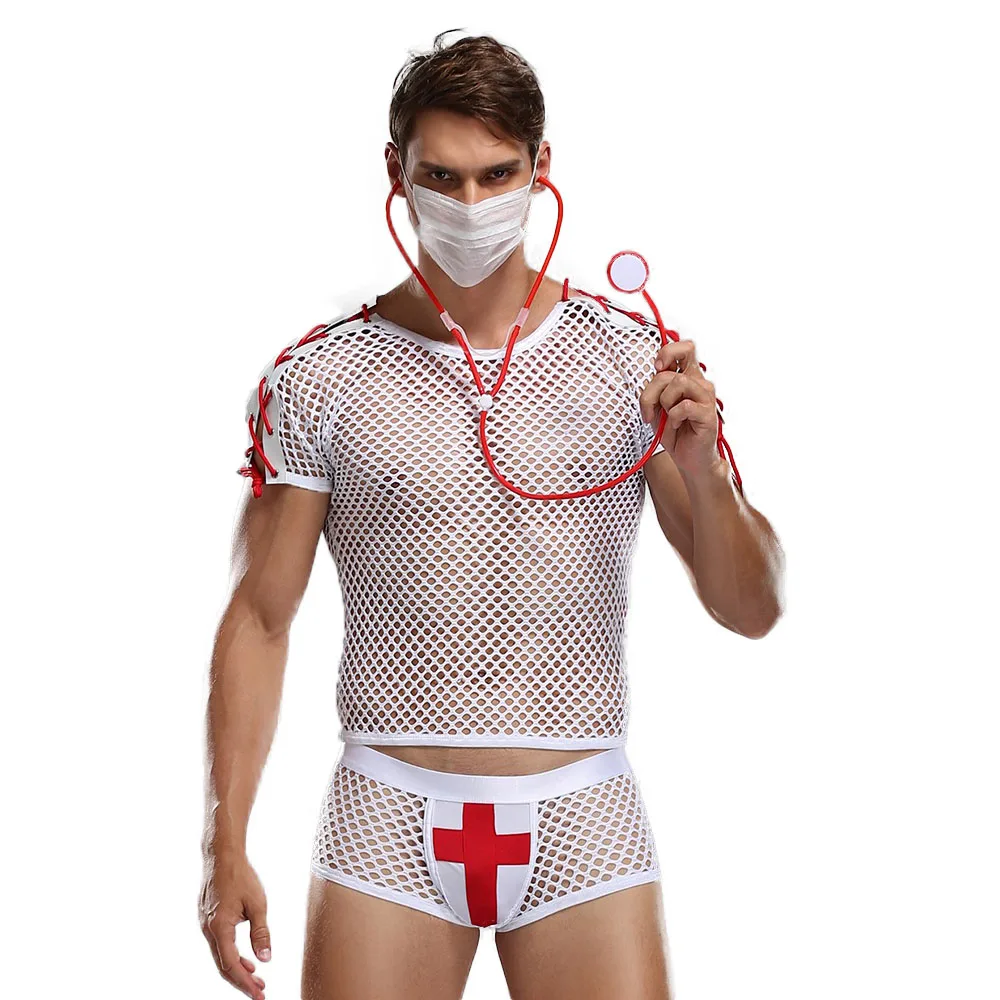 

Sexy Mens Costumes Nurse Coplay Suit Lingerie Set Mesh Fabric See Through Top and Panties Exotic Nightwear Nurse Uniform