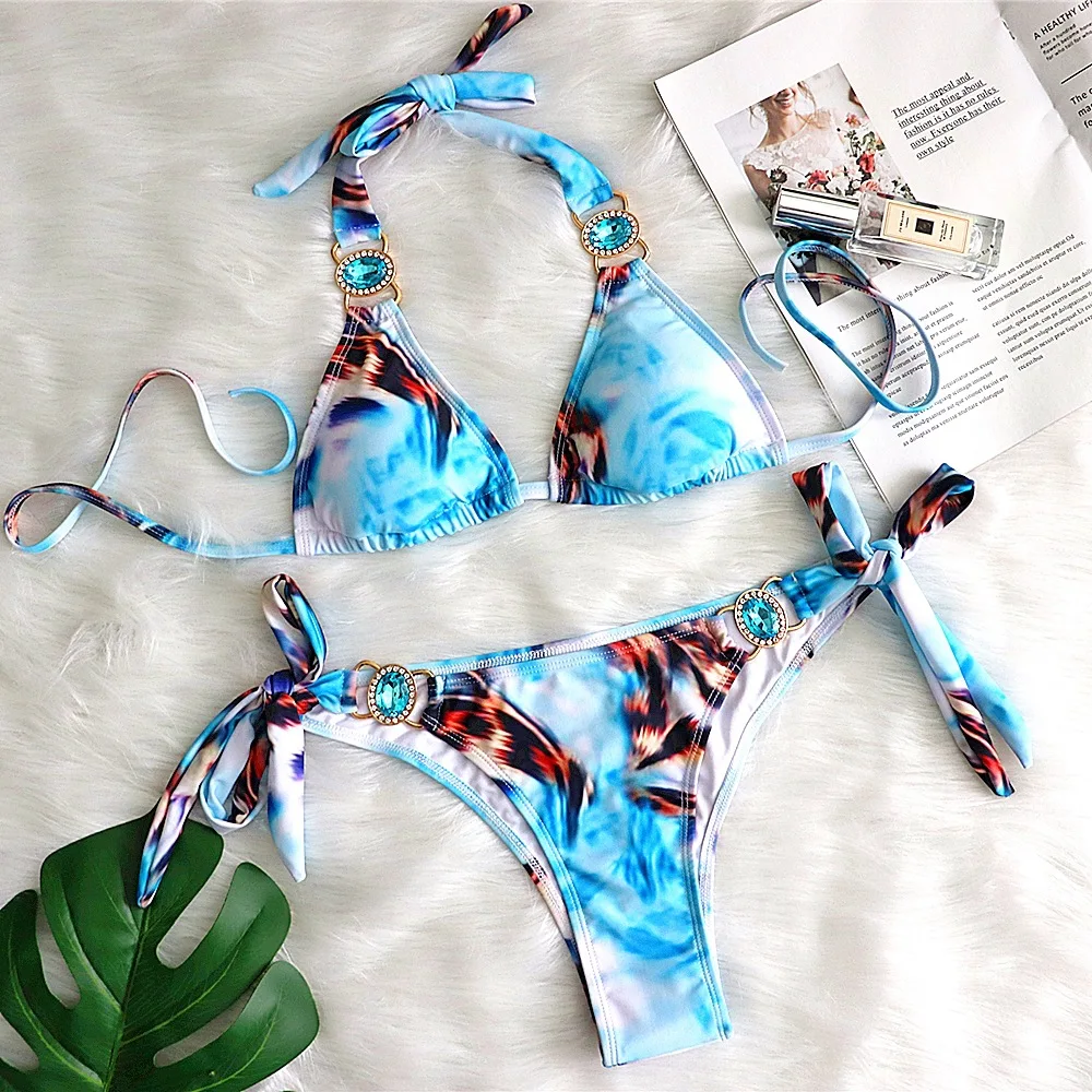 

New Sexy Bikini2021Printed Strappy Crystal Female Split Swimsuit Push Up Bikini Brazilian Bathing Suit Beach Wear Swimming Suit
