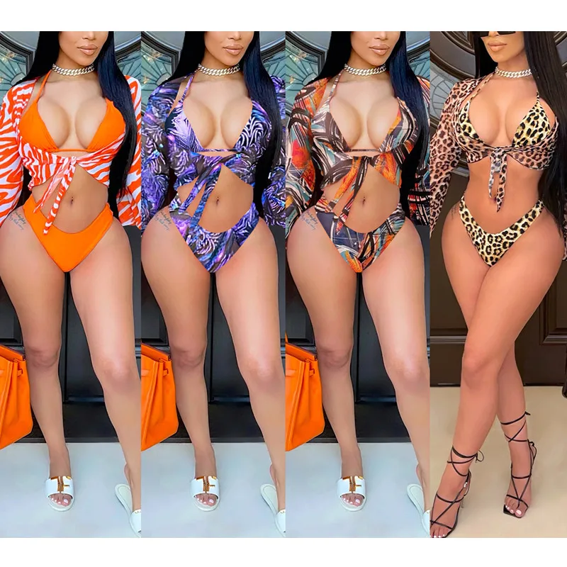 Women's Fashion Casual Plus Size Sexy Slim Fresh Bikini Mesh Leopard Print Three-Point Sling Three-Piece Beach Push-Up Swimsuit