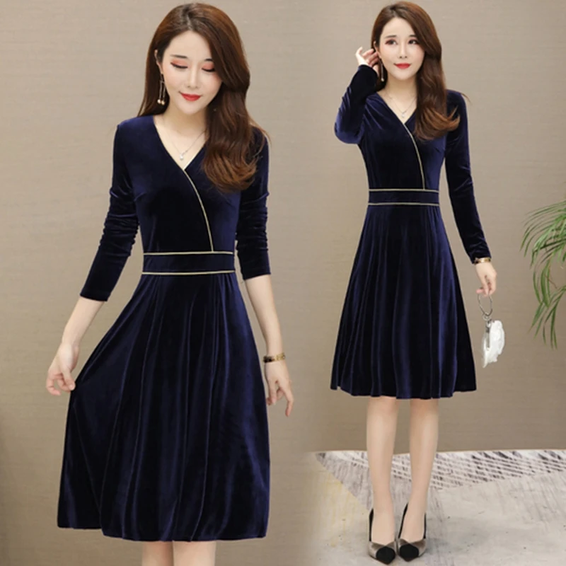 Осенне зимнее бархатное платье женское элегантное с длинным рукавом v образным