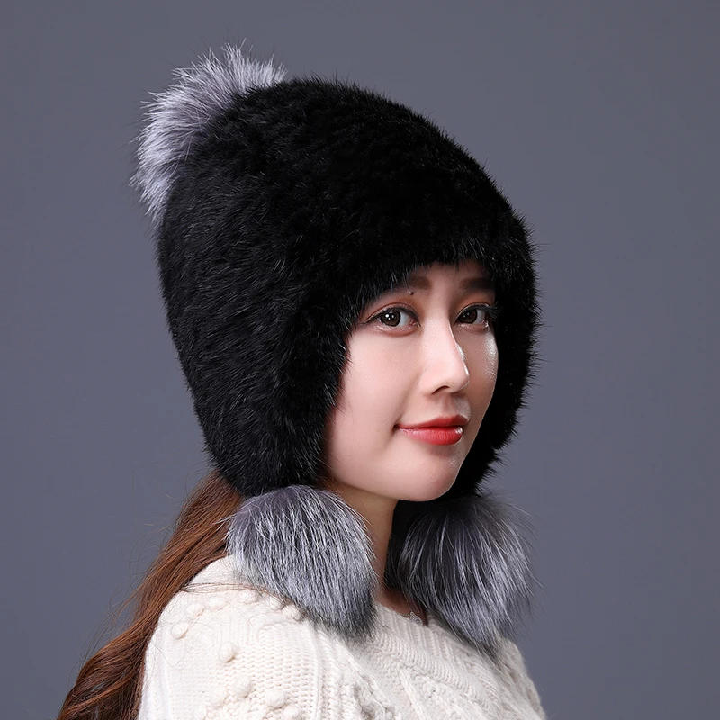 Real Mink Fur Hat For Women Winter Warm Christmas Earmuffs Cap With Fox Fur Pom Pom