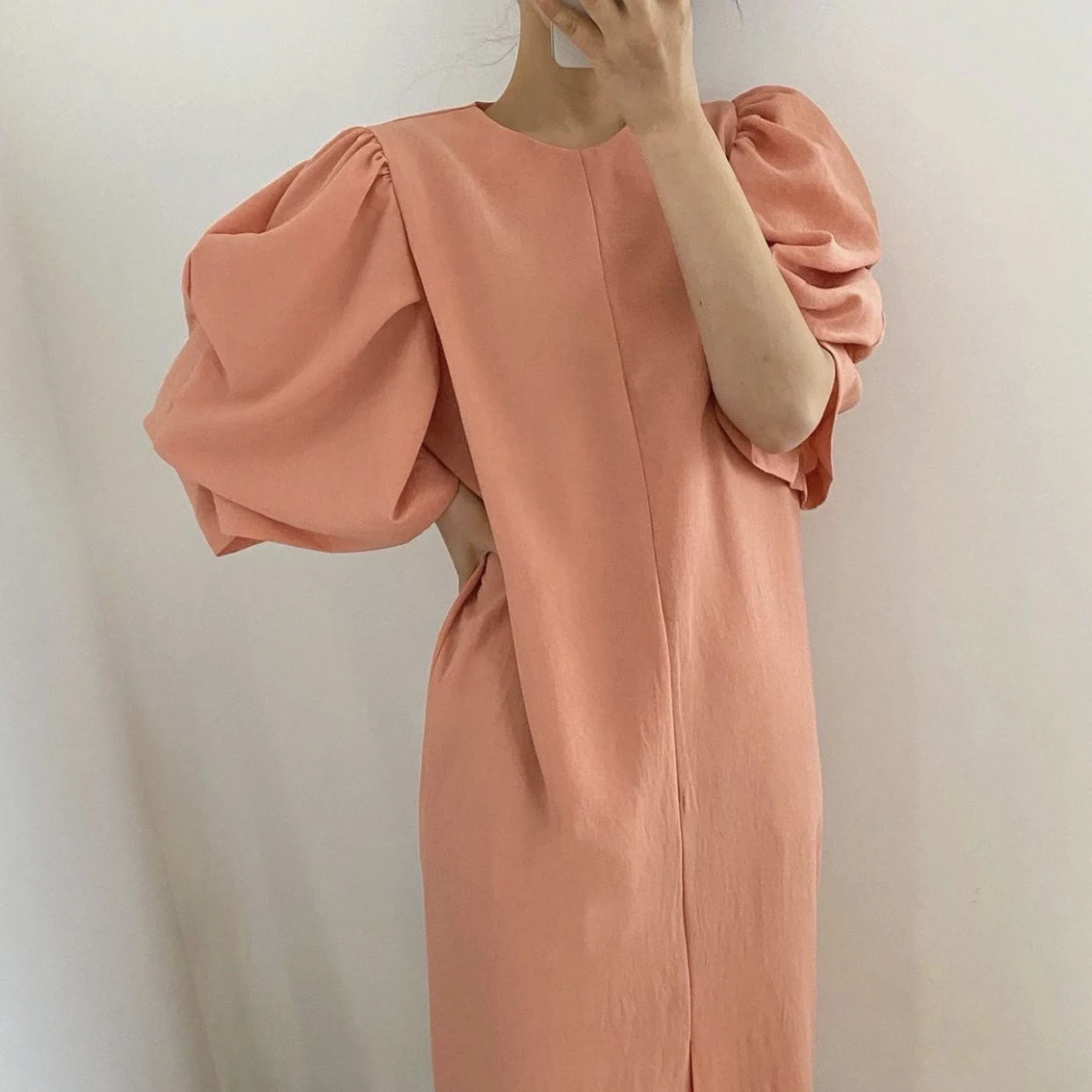 

Dress Summer Casual Orange Women's Retro Belt Loose Puff Sleeve Slit Long Skirt 2021 Robe Hanbok Kawaii Harajuku