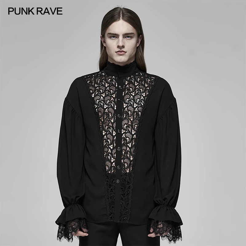 

Мужская прозрачная рубашка в стиле панк-рейв, с цветочным узором, с длинным рукавом, Готическая, кружевная, с расклешенными манжетами, для вы...