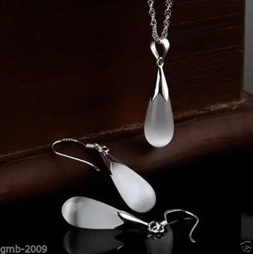 

Hot sale new Style 925 Sterling Silver White Opal jade Drop Pendant Necklace Earrings Set