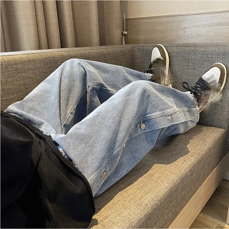 

Trendy Brand Jeans Men's Straight Loose Single Breasted Design Denim Trousers Spring Autumn Handsome Male Casual Wide Leg Pants