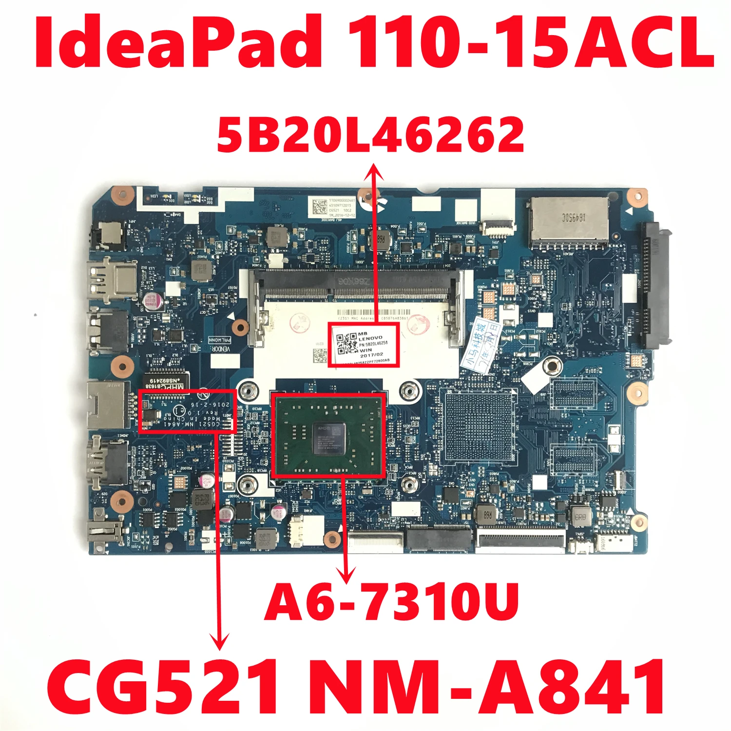 FRU:5B20L46262 материнская плата для Lenovo IdeaPad 110-15ACL ноутбука CG521 NM-A841 с AMD A6-7310U DDR3 100%