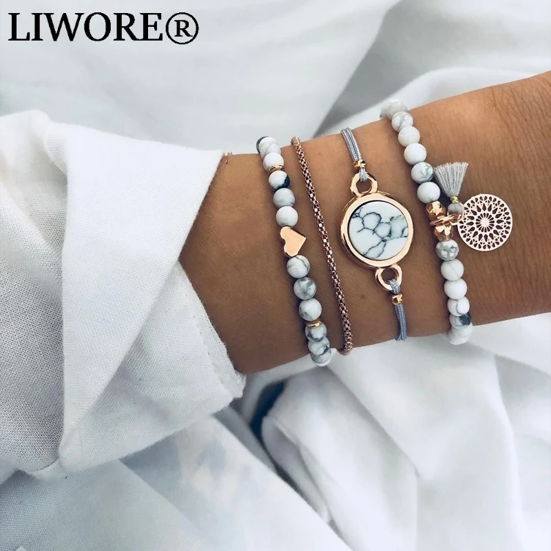

Liwore Bohemian White Beaded Bracelet Set For Women Multilayer Gold Chain Wrist Bracelet Anklet Seaside Beach Jewelry