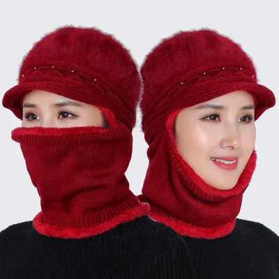 Wine red Искусственный мех, шерсть с воротником из меха кролика сиамские женская меховая шапка, большая женская сумка версии Хан холодной мама теплая вязальная шерсть шляпа CC1901 - Цвет: Wine red
