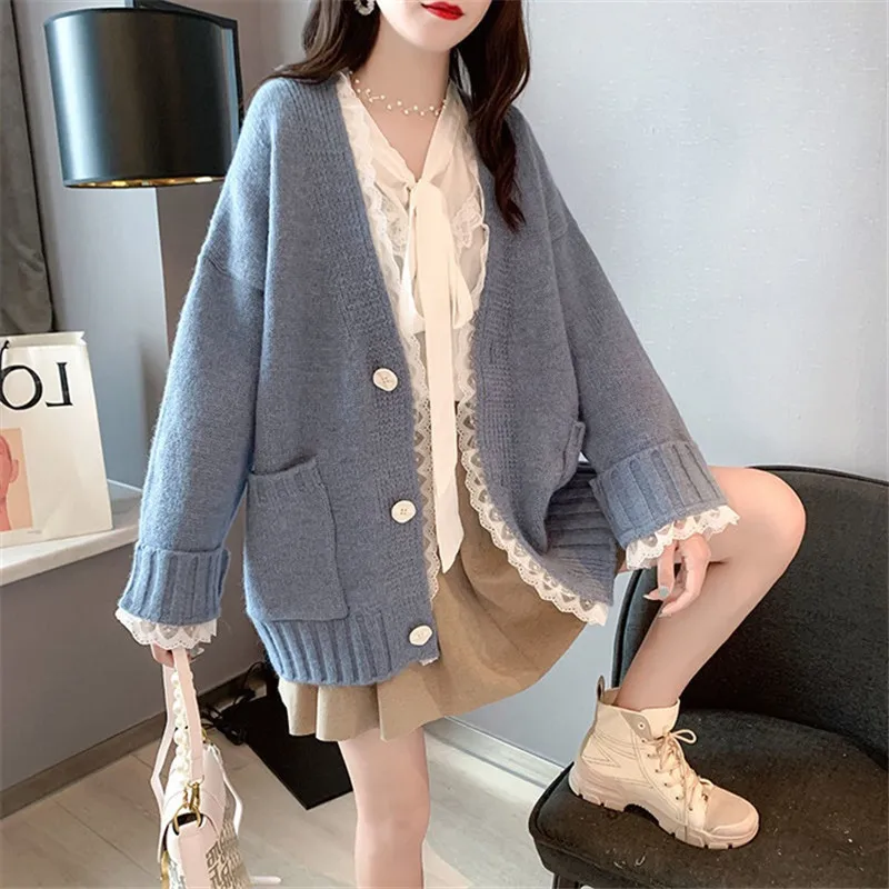 

Женский трикотажный кардиган с V-образным вырезом, свободного покроя