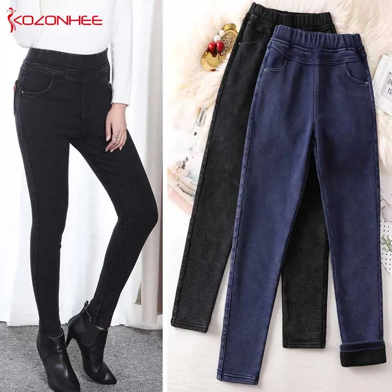 Новые эластичные теплые джинсы большого размера с высокой талией кашемировые