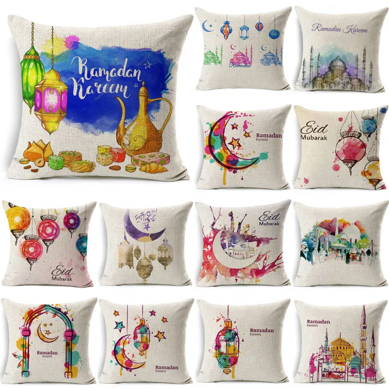 

Ramadan Decoration Cushion Cover Linen Blessed Eid Mubarak Moon Lantern Decorative Pillows Mosque Decorative Pillowcase 40253