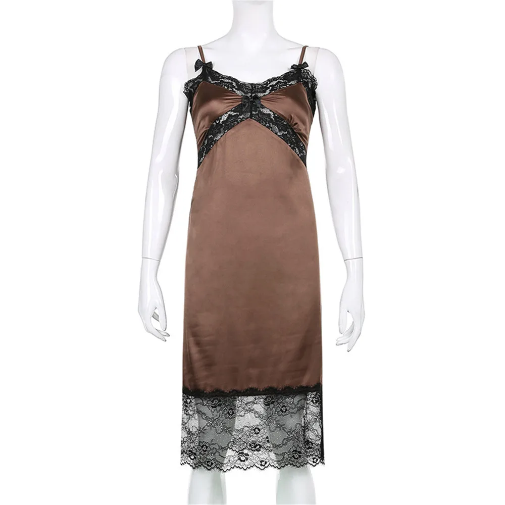 

Elegant Spaghetti Strap Patchwork Lace Dress See Through Midi Dresses For Women 2020 Summer V-Neck Casual Party Clothing