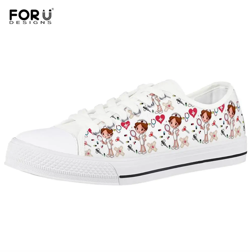 

FORUDESIGNS White Nure Pattern Low Top Canvas Shoes for Women Personalized Female Vulcanized Shoes Lightweight Nursing Sneakers
