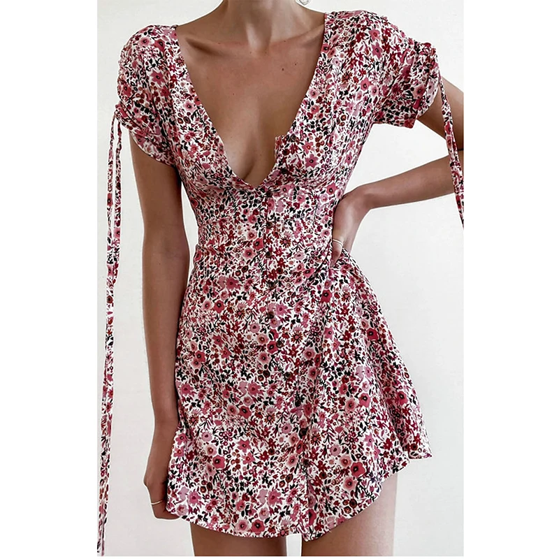 

Summer Women Dress Short Drawstring Sleeve Sexy V Neck Floral Printed A-Line Casual Dresses 2021 Female Mini Vestidos Fashion