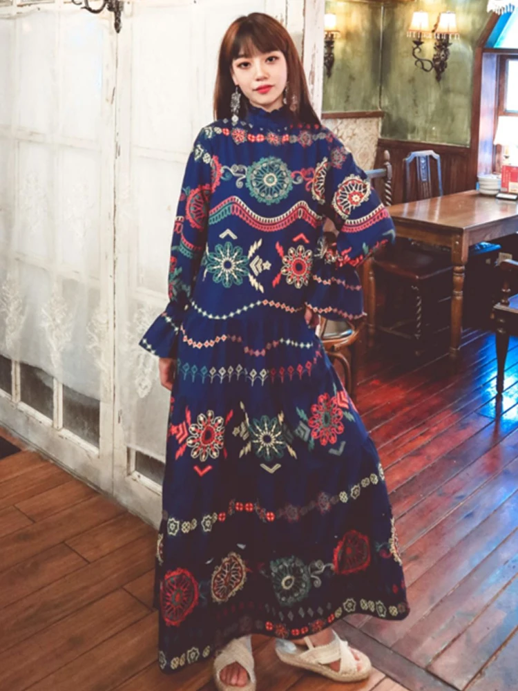 

Женское длинное платье, летнее элегантное свободное платье в этническом ретро-стиле с коротким воротником и принтом в виде лепестков