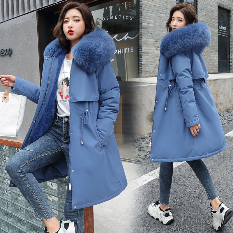 

Hot Sale Fall Winter High Quality Women's Cotton Heavy Hair Collar Add Flocking Down cotton-padded Jacket Kpop Long Slim Coat