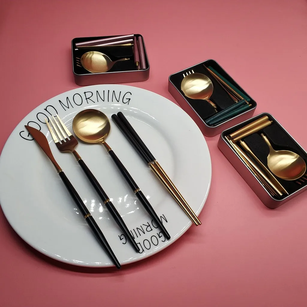 

Hot selling newest Portuguese style matte black gold plated foldable stainless steel knife fork spoon chopsticks tableware set