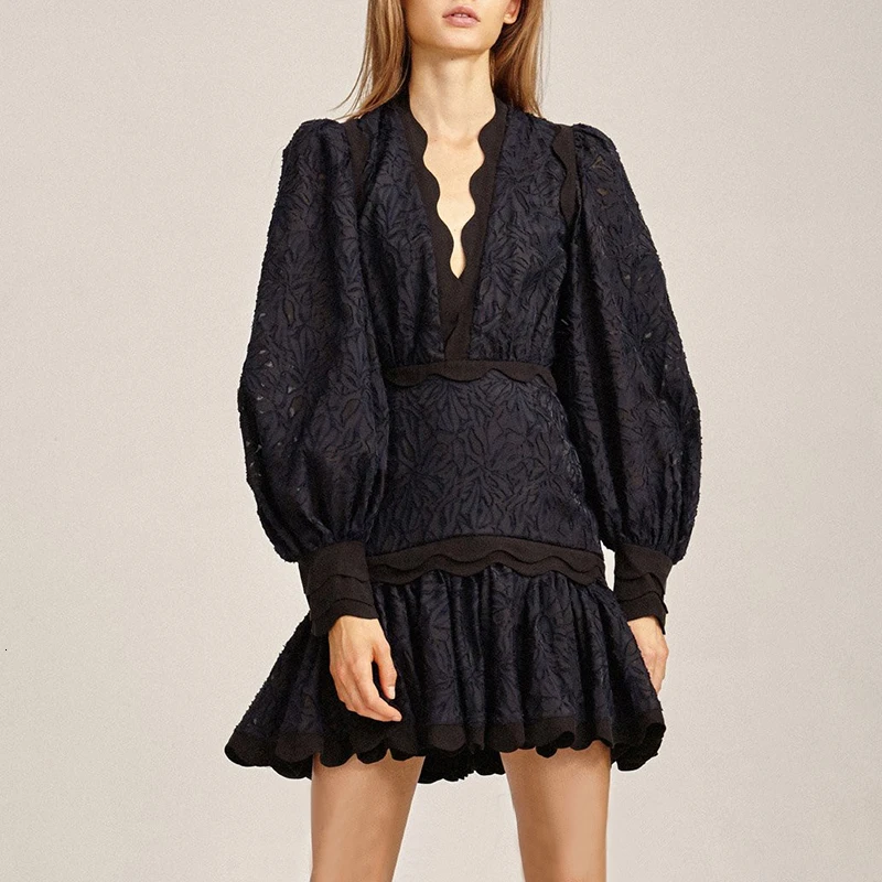 Женское платье с рукавами фонариками V образным вырезом и высокой талией|Женские