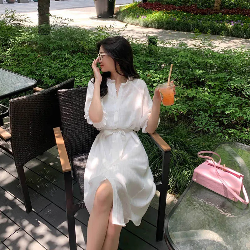 

Women's V Neck Short Sleeve Ruffle Hem Midi Dress +Sling 2 Piece Set White Belted Shirts Blouse Dresses