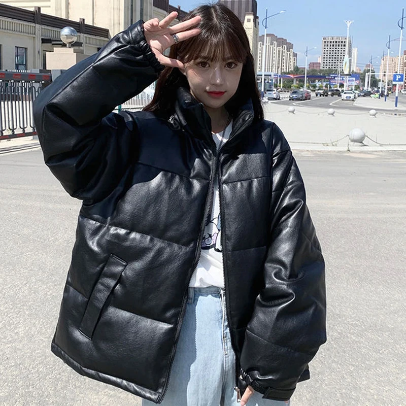 

CZJMS Winter Faux Fur Coat Women Cotton Warm Puffer Jacket Loose Pu Leather Bubble Coats Parkas Thick Korean Fashion New 2021