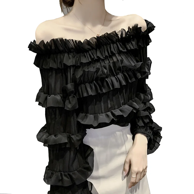 

Kimutomo Ruffles Chiffon Blouse 2021 Spring New Fashion Girls Slash Neck Off Shoulder Flare Sleeve Short Shirt Elegant Casual
