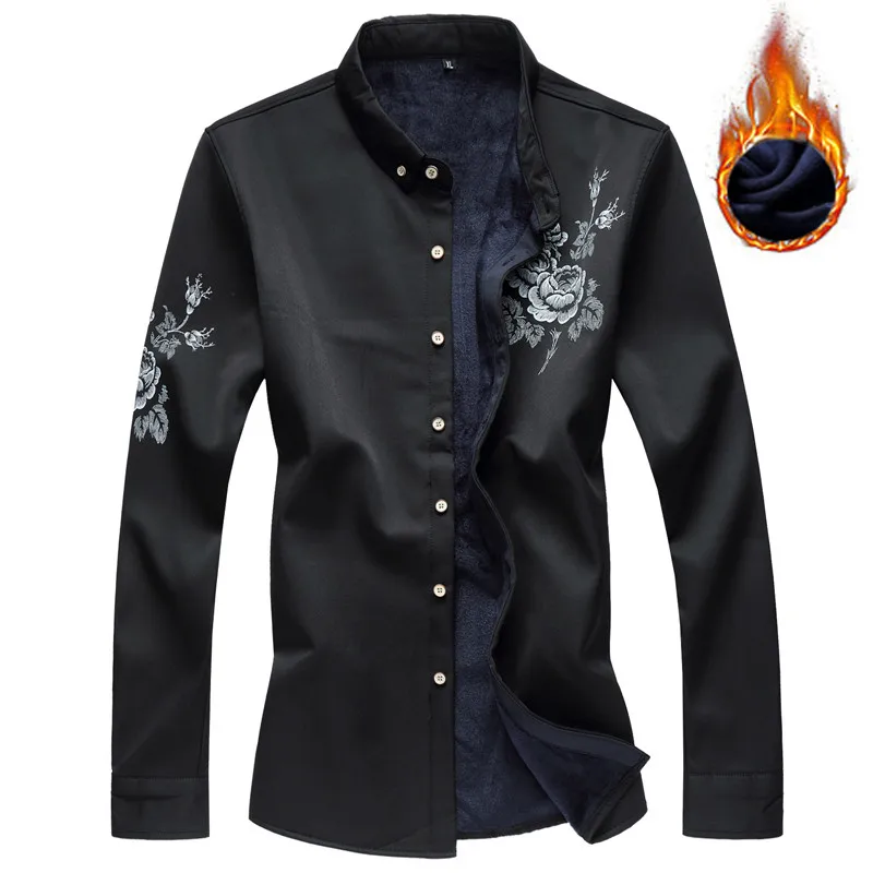 Autumn winter Thick Fleece Warm Men Smooth silk rose print Long Sleeve Shirts Fashion Brand Wedding party Dress Shirt Size 7XL | Мужская