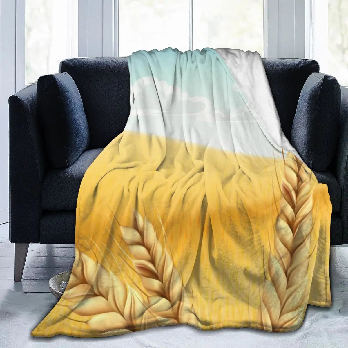 

Soft Warm Fleece Blanket Field Wheat Grain Cloudy Sky Winter Sofa Plaid Throw 3 Size Light Thin Mechanical Wash Flannel Blankets