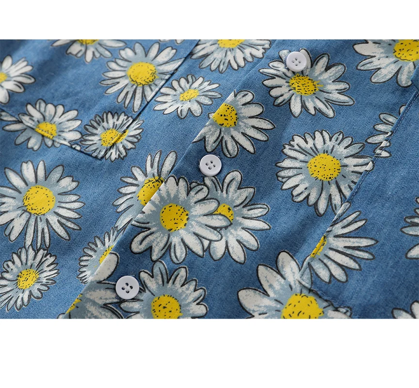 Vintage Summer Shirts for Men Daisy Flower Print Hawaiian Shirts 90s Streetwear Harajuku Korean Button Up Cotton Shirt Men Retro