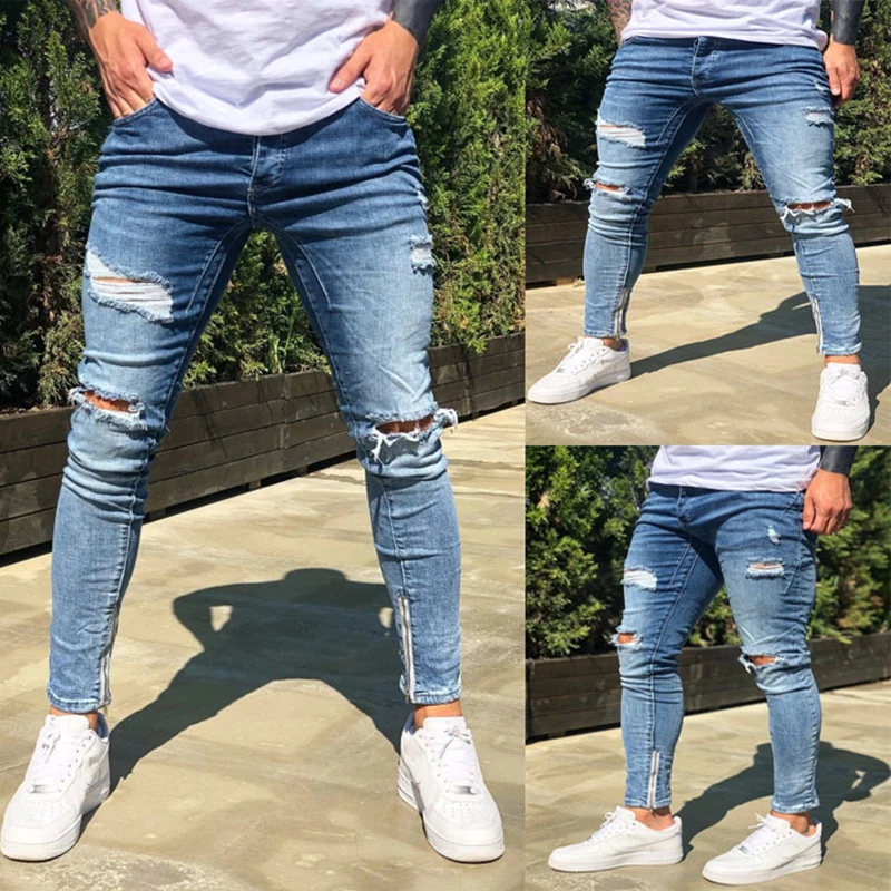 Stretch Ripped Cropped Pants Men 2020 Brand New Mens Destroyed Skinny Denim Trousers Foot Zipper Hip Hop Pencil Jeans for | Мужская