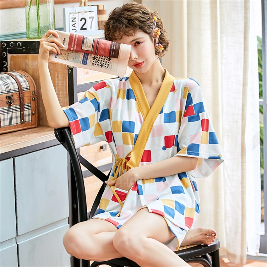 

Cotton Cartoon Print Asian Japanese Style Traditional Clothes Women Girl Short Sleeve Sleepwear Kimono Top Shorts Summer Pajamas
