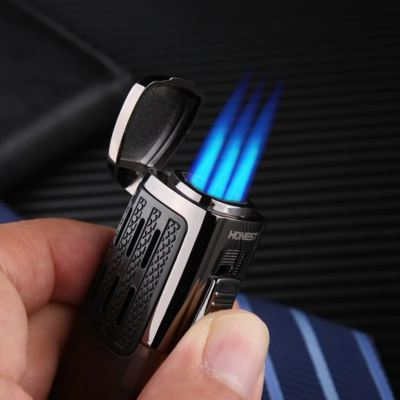 

Honestly Powerful Windproof Triple Torch Lighter Jet Pipe Gas Lighter Metal with Cigar Gadget Spray Gun 1300 C Butane