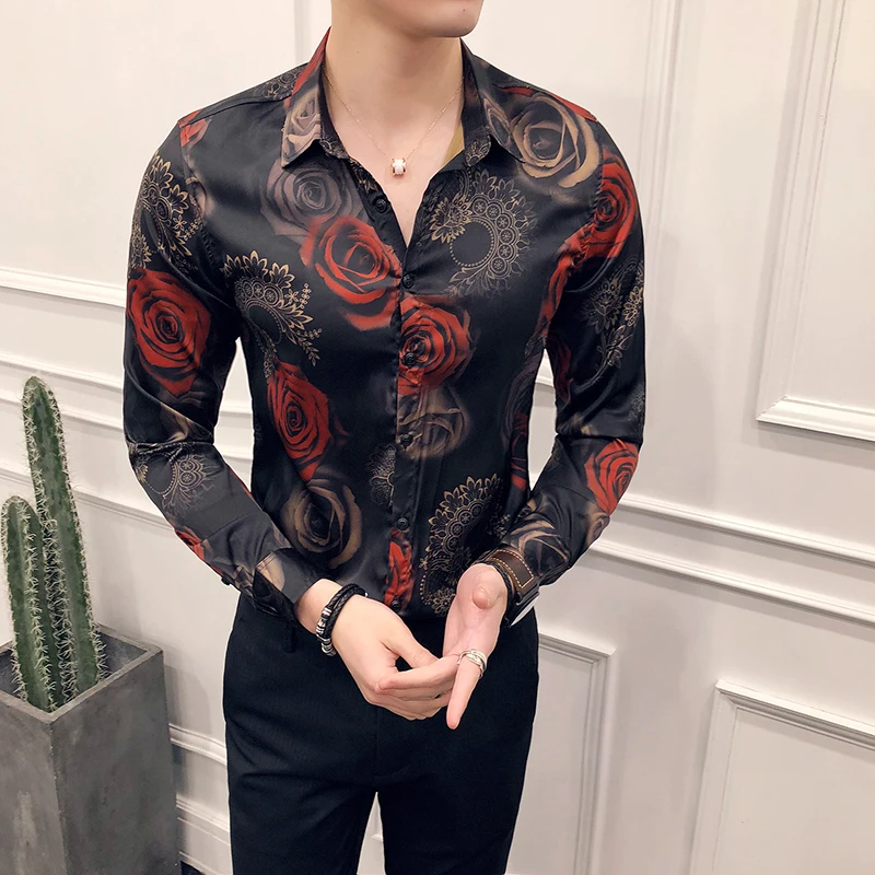 

Print Floral Rose Shirt Men Camisa Masculina Slim Fit Hawaiian Shirt Long Sleeve Flower Slim Fit Pron Club Party Shirt