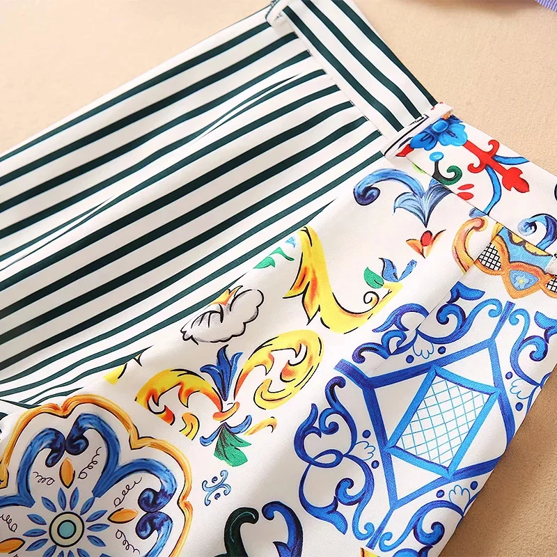 Fashion 2 pieces Runway Spring Autumn Women Long Striped Contrast Color Ruffles Blouse+Porcelain Shorts Sets