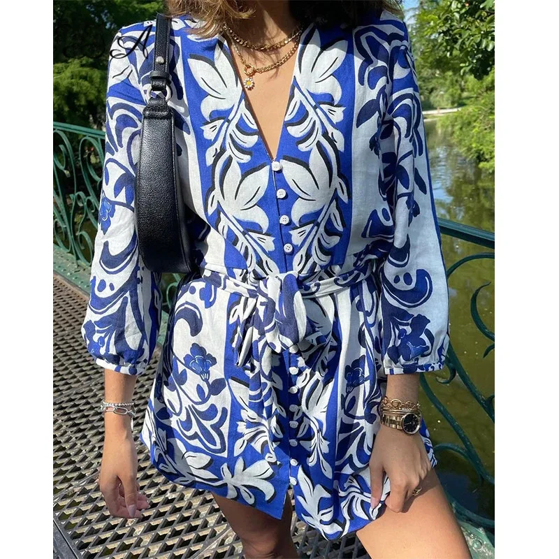 

New Printed Single-Breasted V-Neck Three-Quarter Sleeves High-Waist Dress Casual Waist Belt Tie Bow
