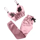 Для женщин кружева слинг пижамы комплект со штанами пижама женская v-образным вырезом кружевной сексуальный крашеный жилет пижамные штаны с принтом в виде бантиков комплект пижамы Для женщин F-N