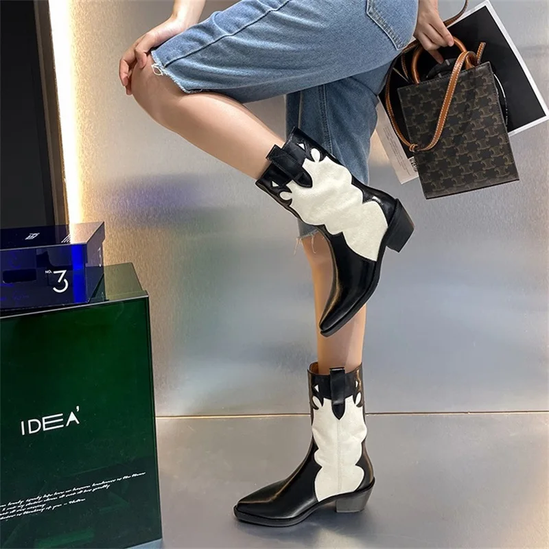 

Western Cowboy Boots Women Pointed Toe Women's Shoes Mid-Calf Chunky Wedges Pull on Boots Ladies Motorcycle Boots Botas Mujer