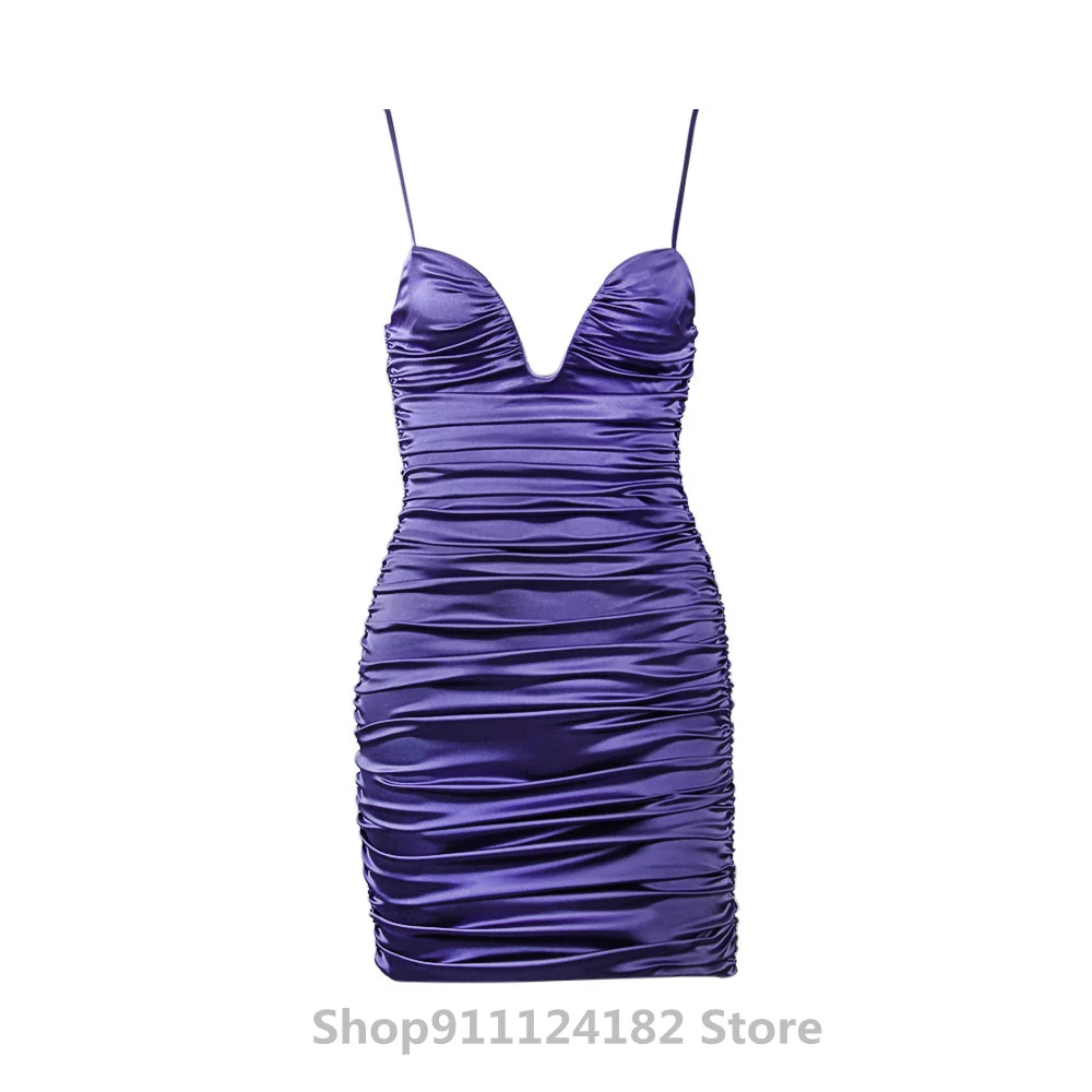 

Women's Hot Style Deep V Sling Stretch Satin Folds European And American Sexy Nightclub Pure Color Short Skirt Dress 2021